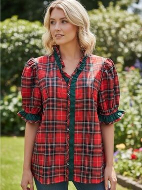 New Plaid Puff Sleeve Top - Red and Green